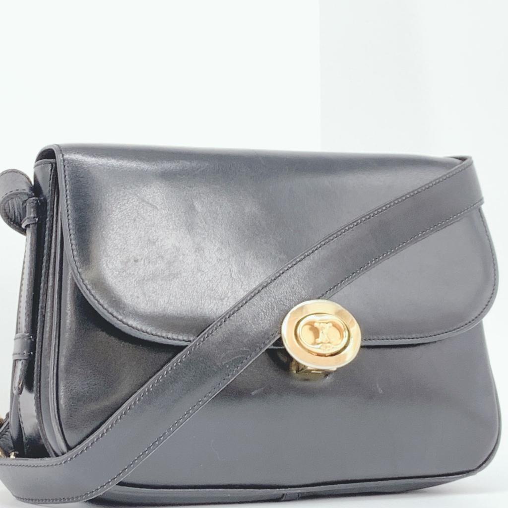 CELINE Vintage Macadam Triomphe Gold Hardware Flap One Semi Shoulder Bag Leather Black Women's Men's Unisex