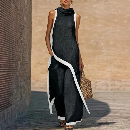Women Color Block Cotton Linen Two-Piece Outfit Asymmetrical Hem Mock Neck Sleeveless Top Wide-Leg Pants Vacation Lounge Sets