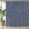Navy Blue Maze Shower Curtain – Geometric Labyrinth Pattern, White Lines On Dark Background, 12 Hooks, 70.87×70.87 Inch