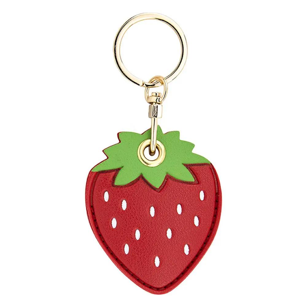 Leather Strawberry Lemon Keychain Case Holder Fashion Women Car Key Ring Charm Bag Car Pendant Gift Anti-lost Pet Dog Cat Collar