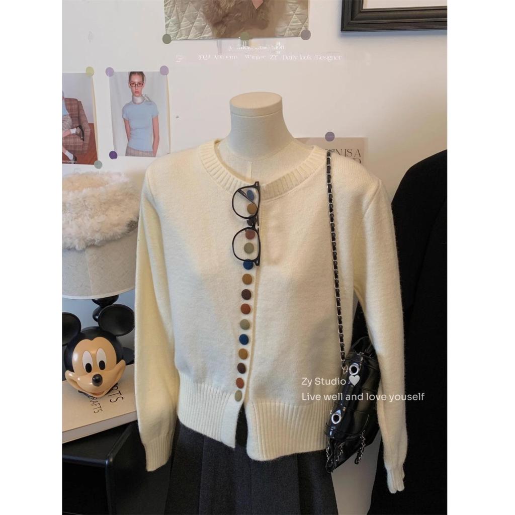 Women's Autumn 2024 Red Knitted Sweater Cardigan - Colorful Button, Crew Neck, Long Sleeve, Soft Angora Blend.