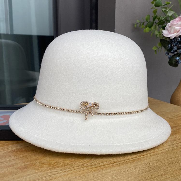 

Осенне-зимняя шляпа Женская мода и элегантность Шляпа-котелок с бантом Британская ретро Шляпа-котелок ONE SIZE белый