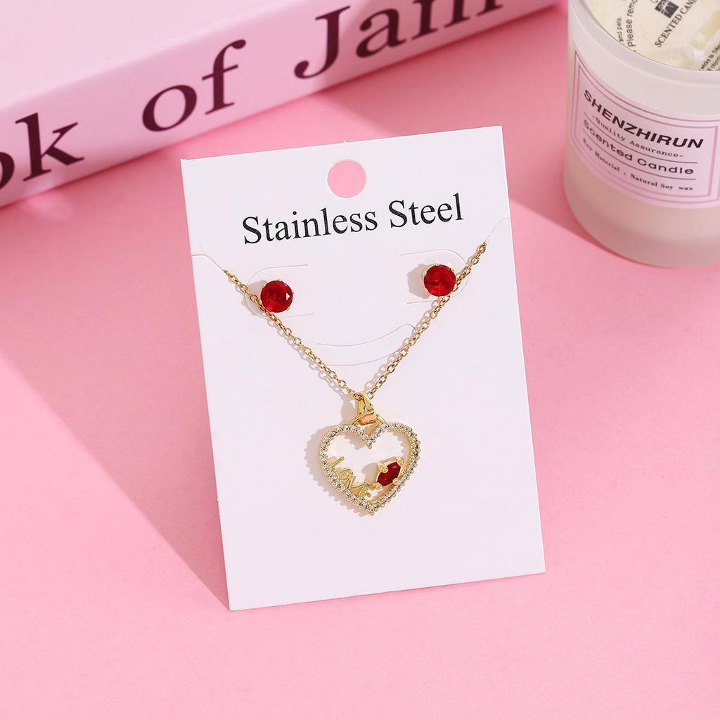 Strawberry Cherry Inlaid Necklace & Earrings Set, Light Luxury Design, 304 Stainless Steel Clavicle Chain for Women