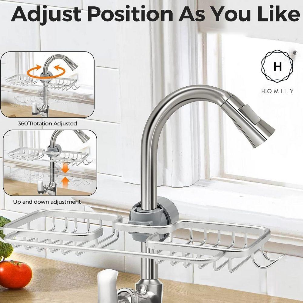 Homlly Aluminum Detachable Single Double Sponge Dish Cloth Facuet Tap Holder Shelf with Towel Hooks (X2PCS)