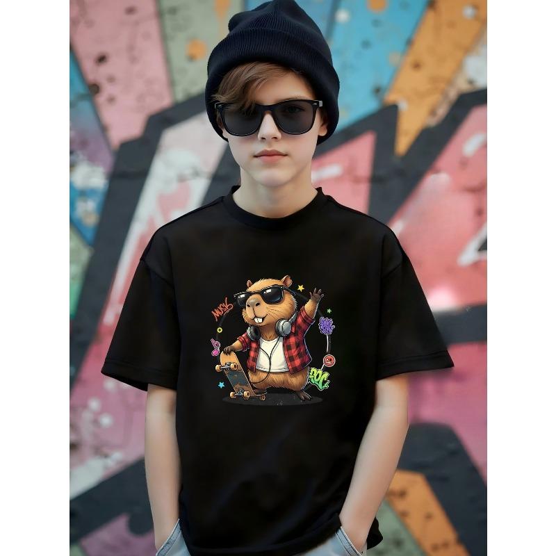 Boys Crewneck T-Shirt, Cool Skateboard Music Capybara Graphic Soft Breathable Short Sleeve Top