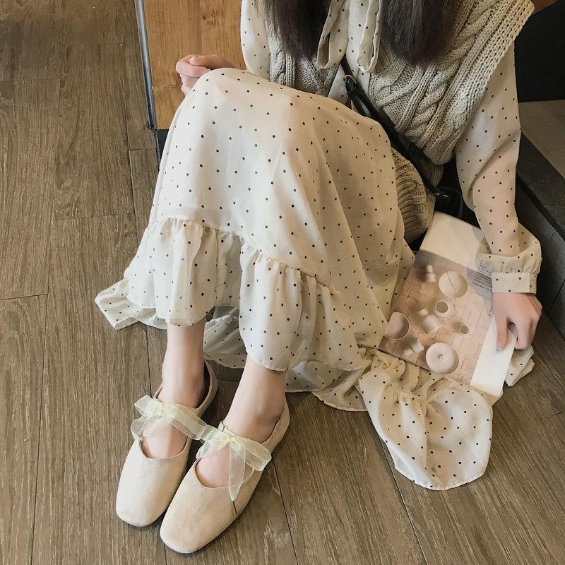 Fairy shallow mouth single shoes spring new flat bottom strap shoes square head bow female retro ballet grandma shoes