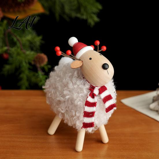 Wooden Lamb Ornaments Christmas Sheep Figurine with Scarf Santa Hat Plush Fleece Versatile Wood Art Pieces Tabletop Ornament Rustic Holiday Desktop