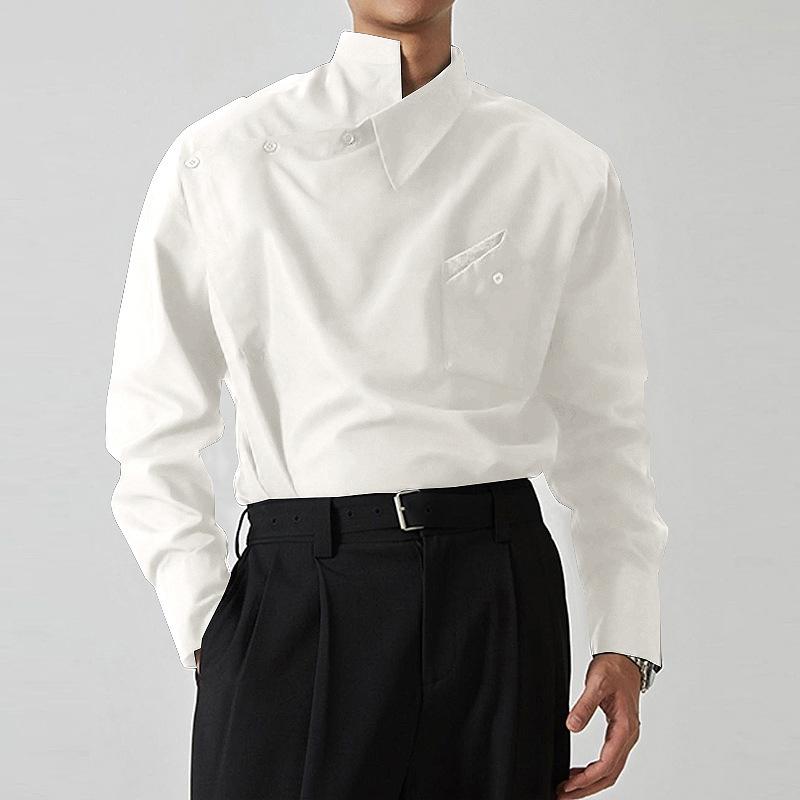 Men's Spring/Fall Cuban Collar Shirt Solid Color Lightweight Drapey Long-Sleeve Shirt