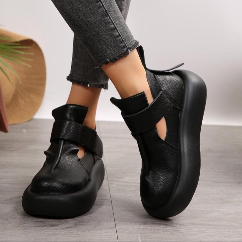 Runde Zehenpartie Dicke Sohle Leder Retro Flache Plateau-Schuhe Damen Freizeit Römisch Retro Stiefeletten Rutschfest Zapatillas De Mujer