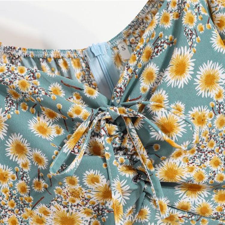 Korean Style Elegant Floral Printed Women Mini Dress Bohemian Pleated Puffy Sleeve Sexy Summer Vestidos Shirring Female Short Dress