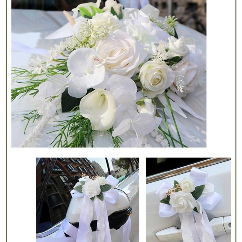 Wedding Car Decoration 7Pieces Set with Realistic Artificial Flower for Car Decors included Rearview Mirror and Doorknob