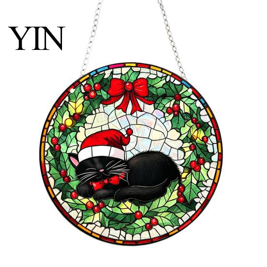 Acrylic Holiday Hanging Decorations Christmas 2D Suncatcher, Stained Glass Style Black Cat Window Hanging, Decorative Wall Plaques Colorful