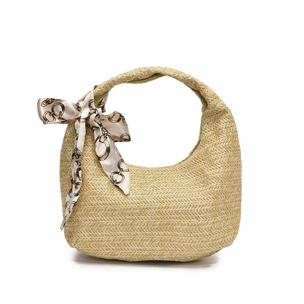 Grass Straw Bag with Silk Scarf Weave Tote Bag Trendy Summer Beach Bag  Outdoor хаки
