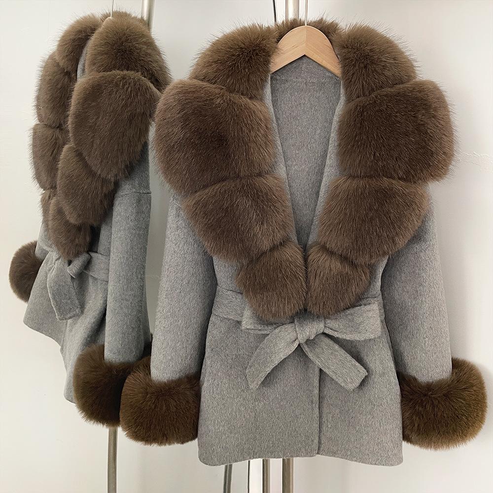 Imitation Fox Fur Lace Up Fashionable Double-sided Cashmere Coat 2026 Winter Warm Thicken High Quality Synthetic Fur Jacket