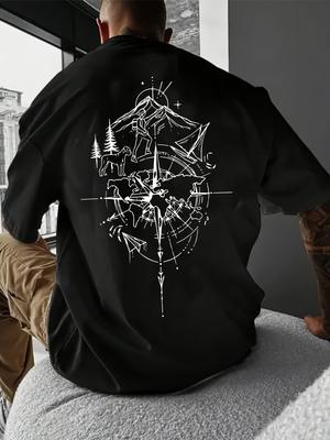 Mens Summer 100 Cotton Fashion Casual LooseTee with Compass World Map Print Trendy Street Short Sleeve