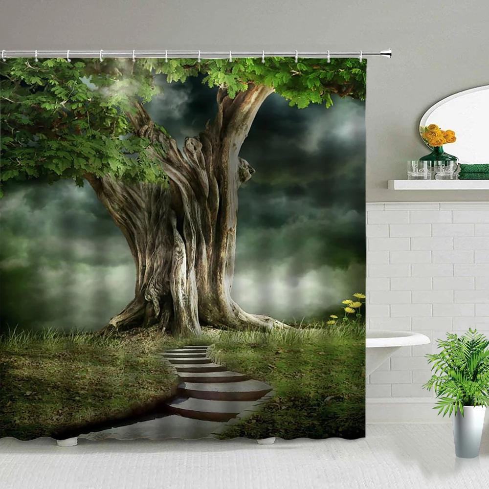 Dream Arch Door Forest Scenery Shower Curtains Ocean Beach Green Leaf Lavender Hot Air Balloon Wolf Bathroom Screen Bath Curtain