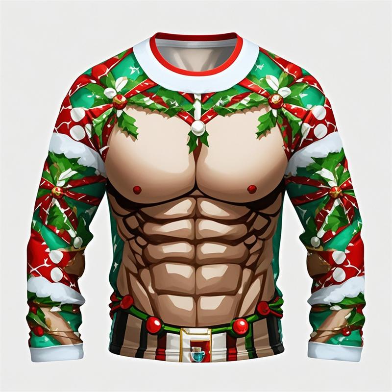 Muscle Christmas T-shirt Men Tops Casual Loose Streetwear 3D Printed Ugly Christmas Long Sleeve Tee Sport T-Shirt Y2k Clothes