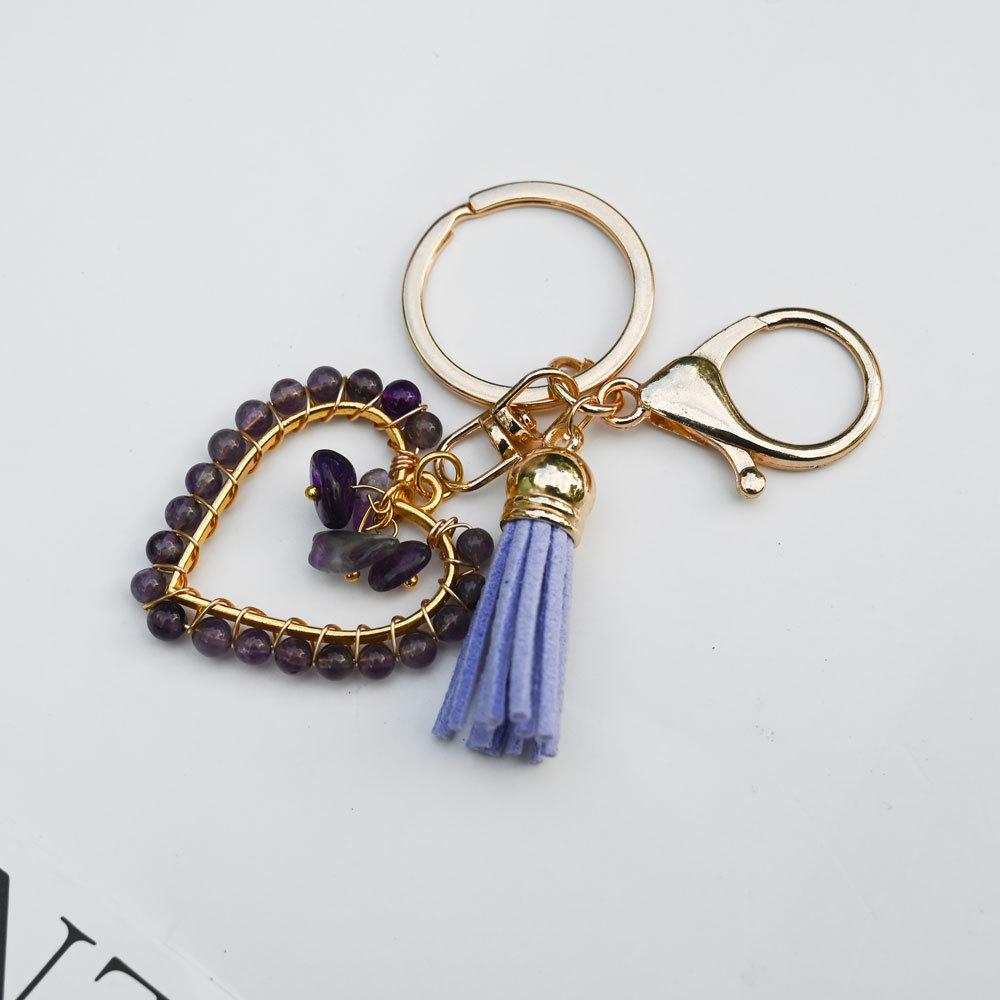 Natural stone keychain, bag pendant, bohemian style, creative decoration, heart-shaped jewelry аметист