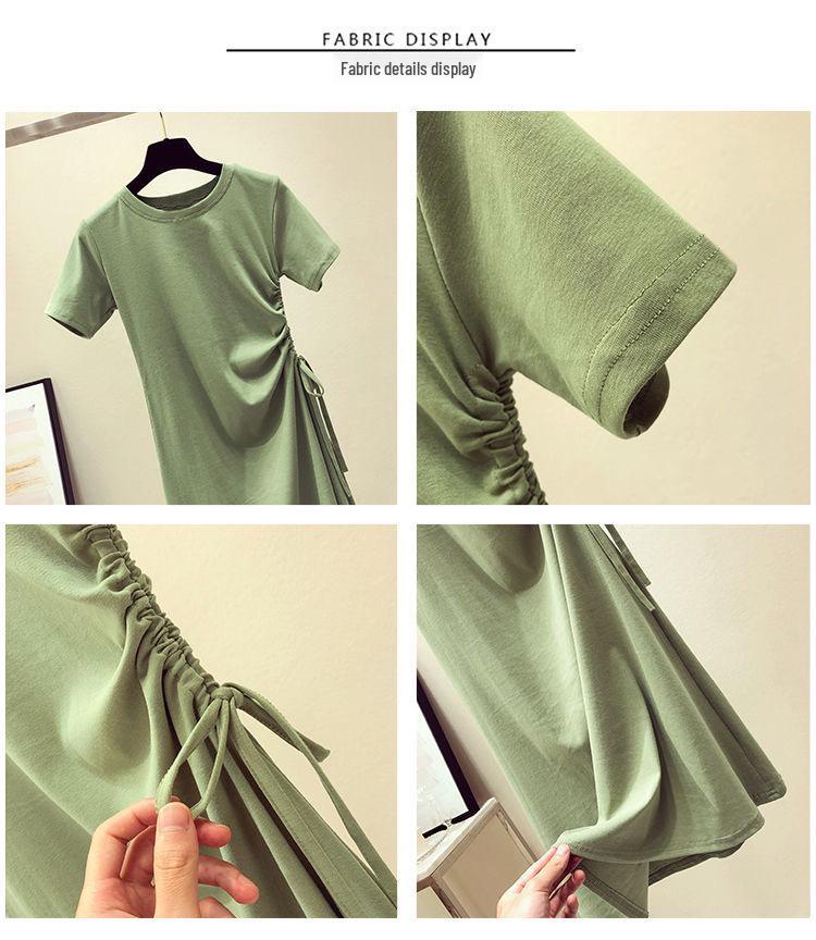 Avocado Green Summer 2021 Waist-Slimming Korean Style Drawstring T-shirt Dress for Women