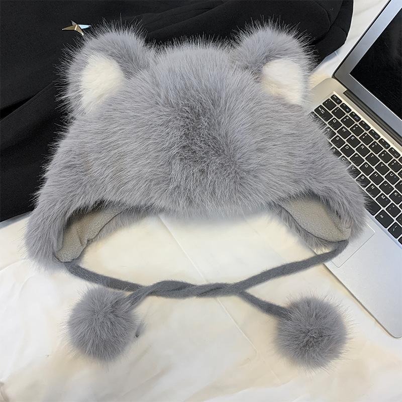 Cute Bear Plush Hat Thickened Imitation Fox Hair Thermal Ear Hat Cold-Proof Outdoor Lei Feng Hat Lace-Up