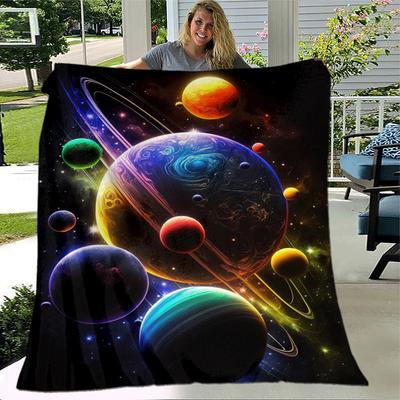 1pc Planet Printing Lightweight Flannel Blanket, Comfortable and Warm Blanket, for Camping Sofa Bed and Couch Office, Gift