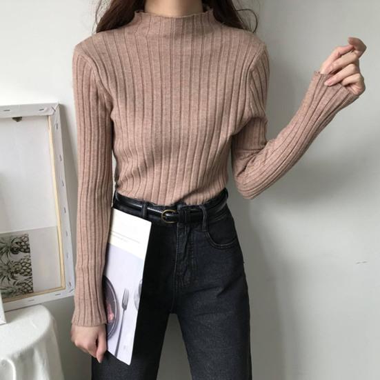 T-shirt moulant col semi-roulé manches longues tricot côtelé tops automne hiver chemise à superposer décontractée bureau soirée