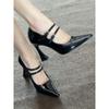 Black Patent Leather Sexy Versatile One-word Buckle with High Heels Women's 2025 New French Light Mouth Thick Heel Pointed Single Shoes