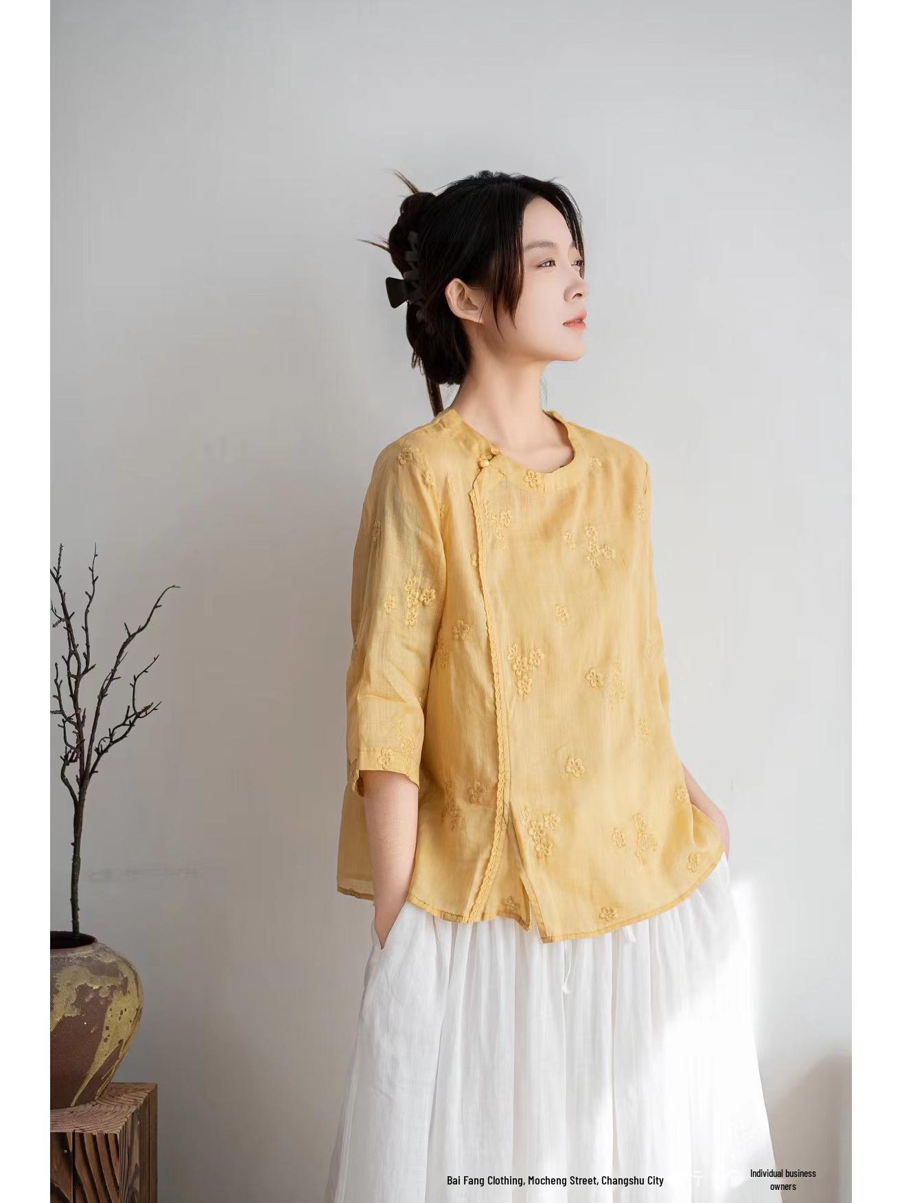 2026 Summer Women s Asymmetrical Embroidered Ramie Blouse with Seven-Sleeve, Round Neck, and Slit Lapel. One Size