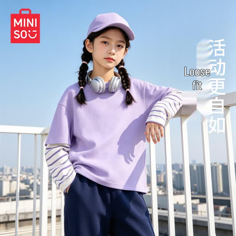 MINISO Girls' Korean Style Faux Two-Piece Long-Sleeve T-Shirt