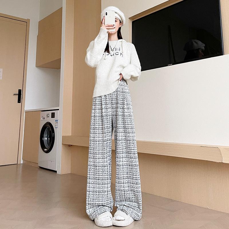 tweed plaid wide-leg pants women's autumn and winter new high-waisted chenille straight pants