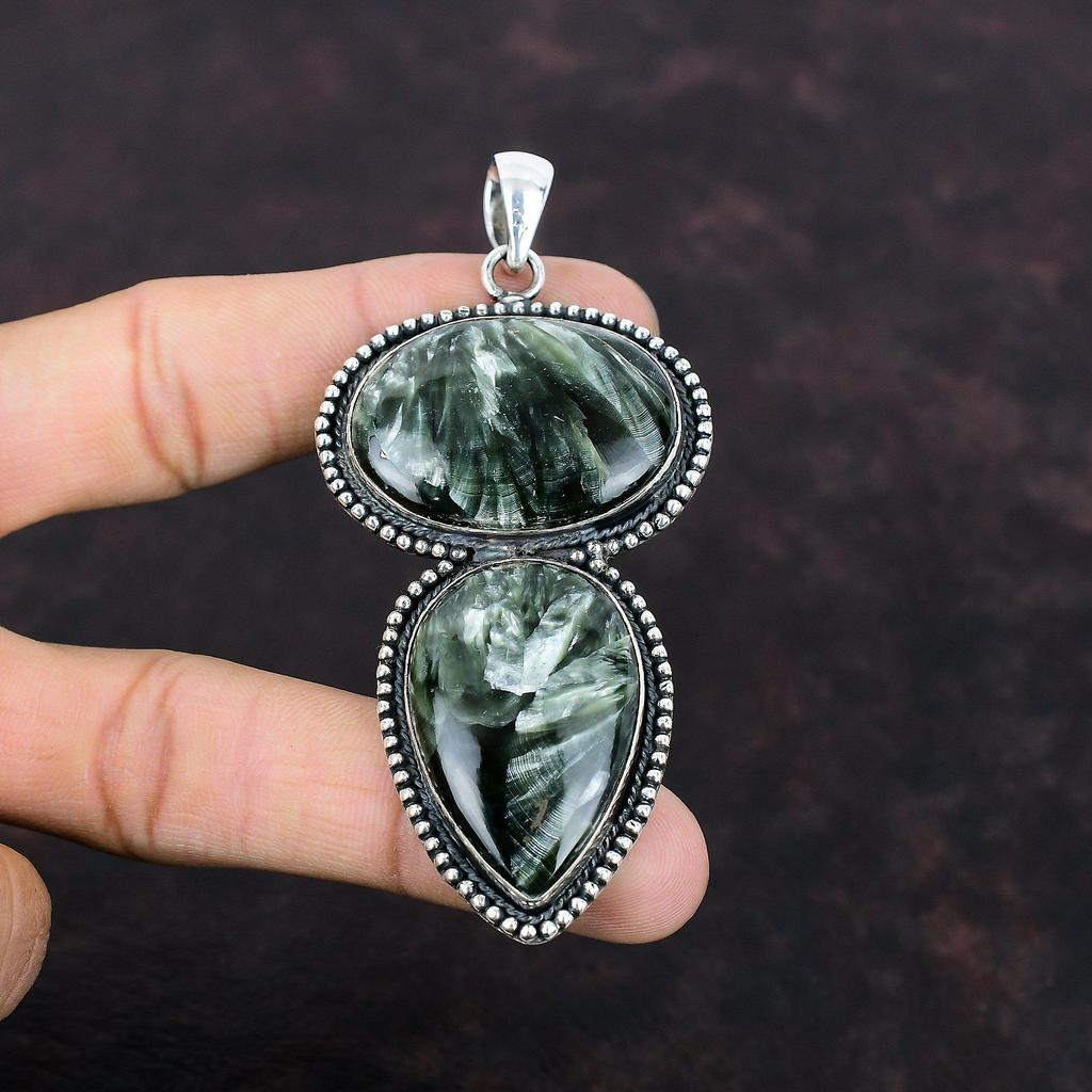 Seraphinite Gemstone Pendant 925 Sterling Silver Pendant Vintage Pendant Handmade Dainty Jewelry Gift For Him Silver Jewelry Antique Pendant