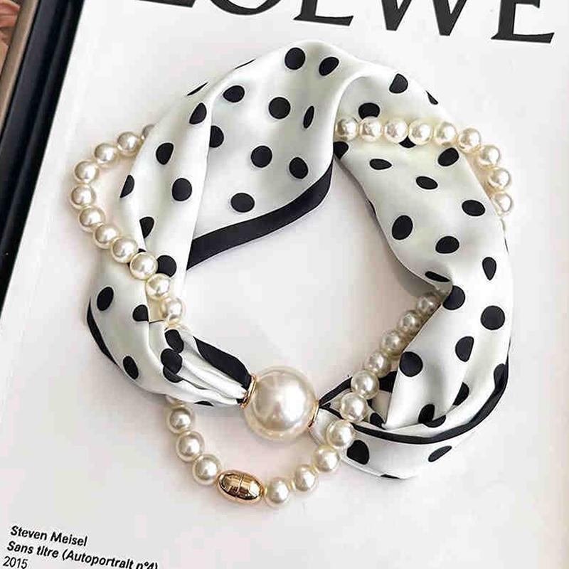 Magnetic Narrow Elegant Satins Neck Scarf Wrap With Pearls Chain Necklace And Buckle For Women Vintage Floral Silk Neckerchief