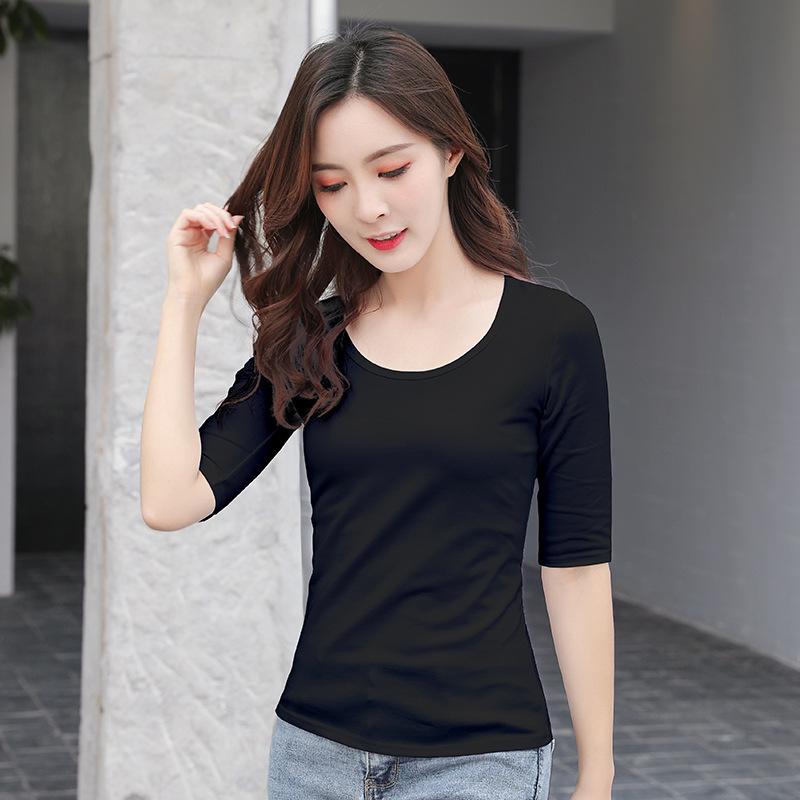 Women's Pure Cotton Three-Quarter Sleeve Slim Fit Mock Neck T-Shirt for Spring and Autumn 2022