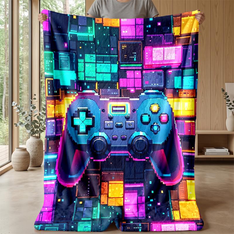 Pixel Game Controller Neon Background Theme Blanket Lightweight Warm Flannel Blanket Decorative Throw Blanket for Home Decoration