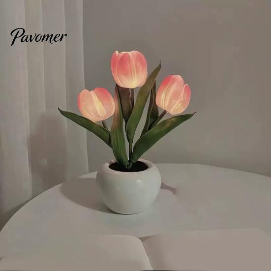 Wedding Centerpiece Table Lamp LED Tulip Flower Lamp, Battery Powered Artificial Night Light with Office Desk Decorative Ornament Ceramic Pot, Floral