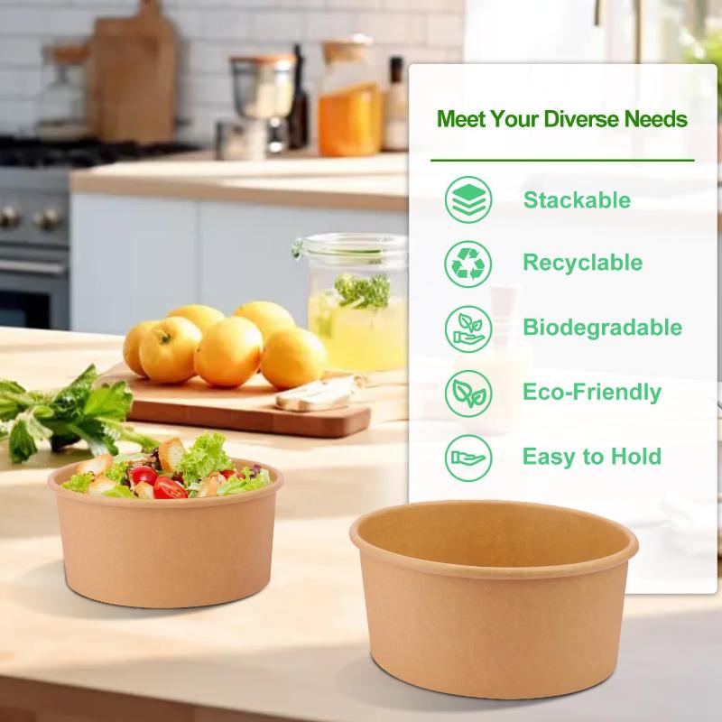 Kraft Paper Round Food Boxes with Clear Anti-Fog OPS Lids 25 Pack Heavy Duty Disposable for Food Truck Takeout Picnic Party Supplies