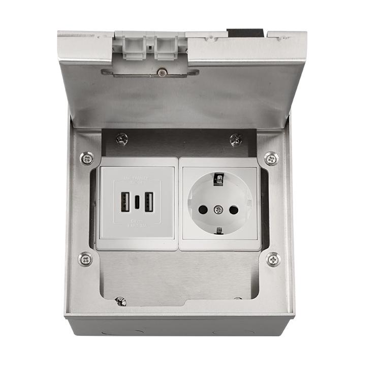 Stainless Steel Marble Style USB-C Floor Socket Box with Flip-top, Euro/German Standard
