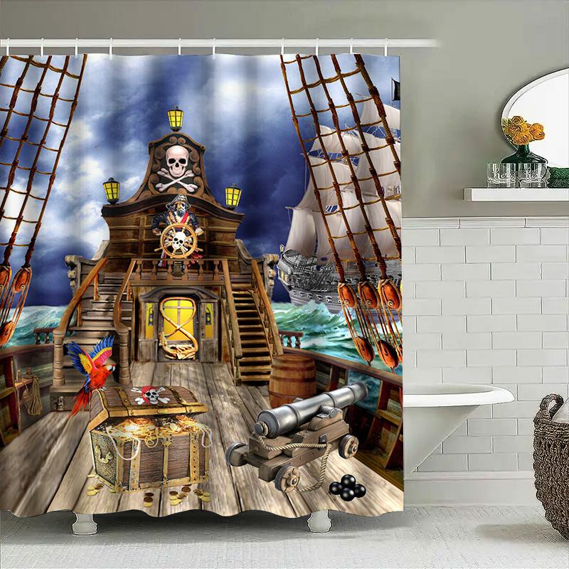 High-Quality Waterproof Shower Curtain Featuring Pirate Ship With Treasure Chests Perfect For Nautical Themed Bathroom Decor