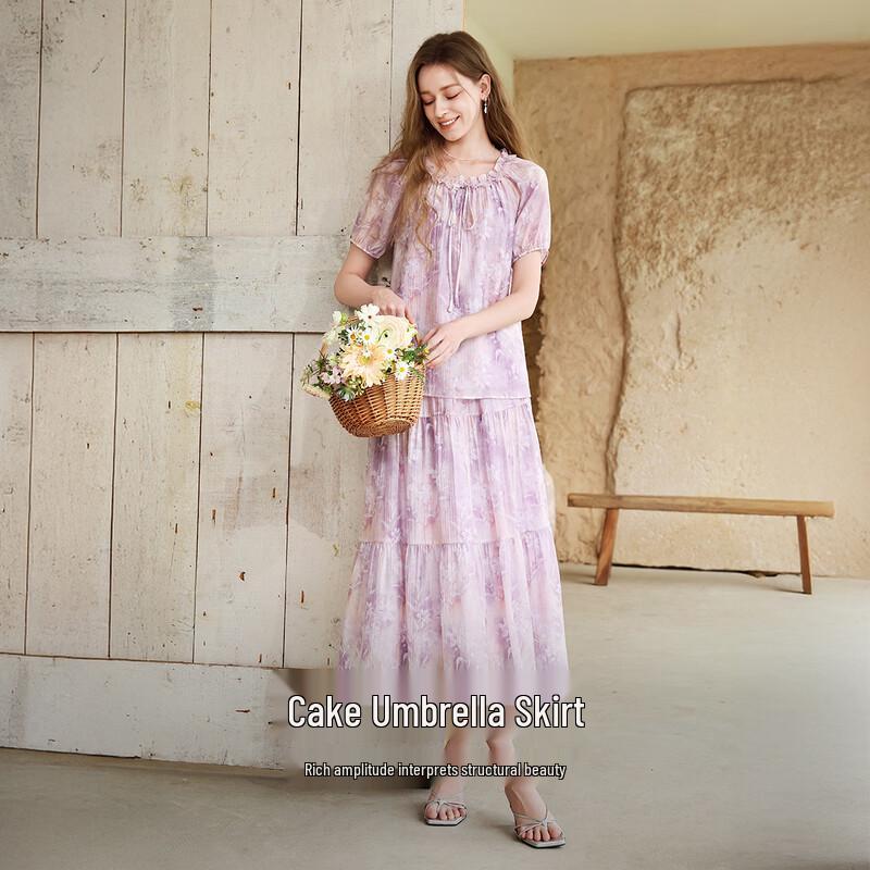 Floral Puff Sleeve Shirt & Skirt Two-Piece Set L