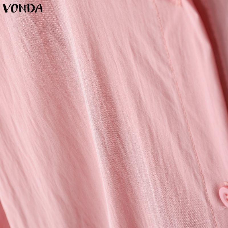 VONDA Women Lapel Neck Long Sleeve Solid Button Down Casual Ruffled Shirts Dress