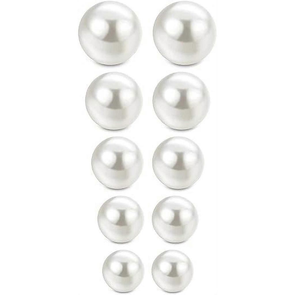 5 Pairs Round Ball Pearl Beads Stud Earrings Faux Pearl Earring for Women, White