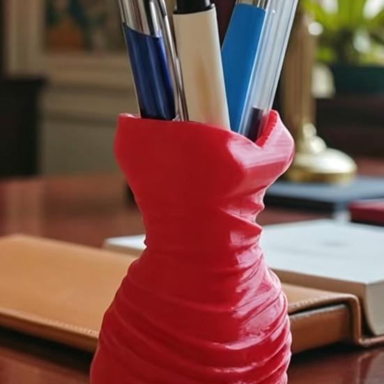 3D Printed Dress Desk Pen Holder, Makeup Brush Stand, Dress Shape Pencil Storage Organizer, Tabletop Novelty Pencil Rack for School & Office