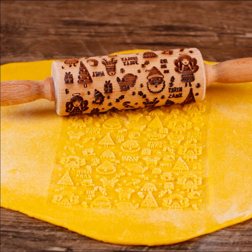 Christmas Rolling Pin With Bird Flower Print Patterns Wooden Embossed 3D Cookie Mold Laser Engraved DIY Baking Tool Dough Roller