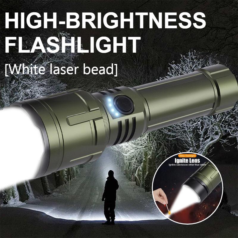 USB-C Rechargeable Flashlight with Flame Ignition Powerful LED Zoomable Torch for Outdoor Camping Adventure & Emergency