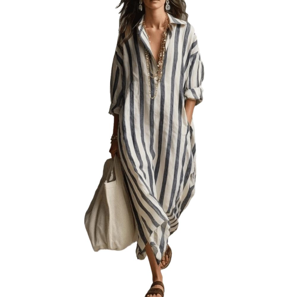 Long Sleeve Shirt Dress Patchwork Women Long Skirt Beach Wear Striped Dresses  Spring Summer