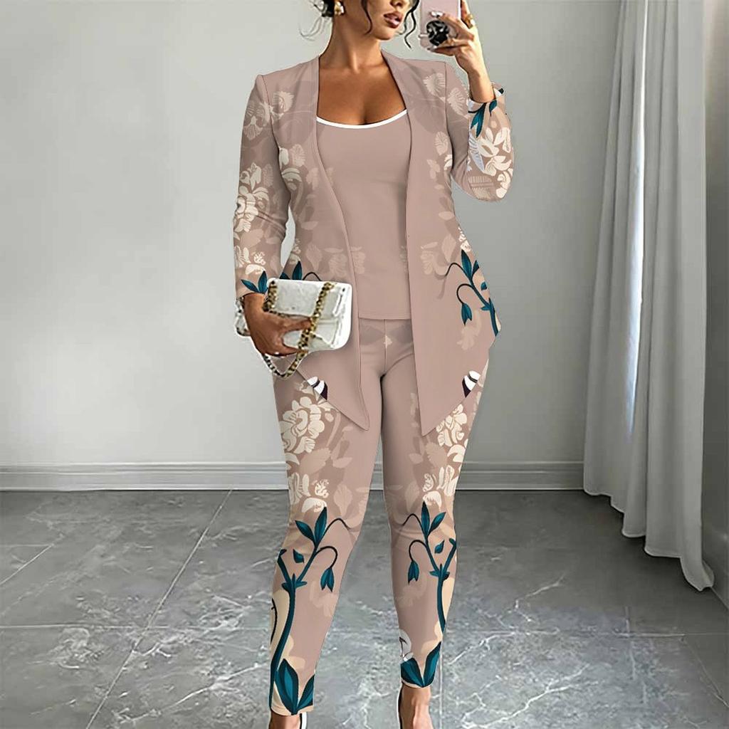 Plus Size Floral Print 3 Piece Outfit, Long Sleeve Open Front Cardigan Cami Top Leggings Set for Women