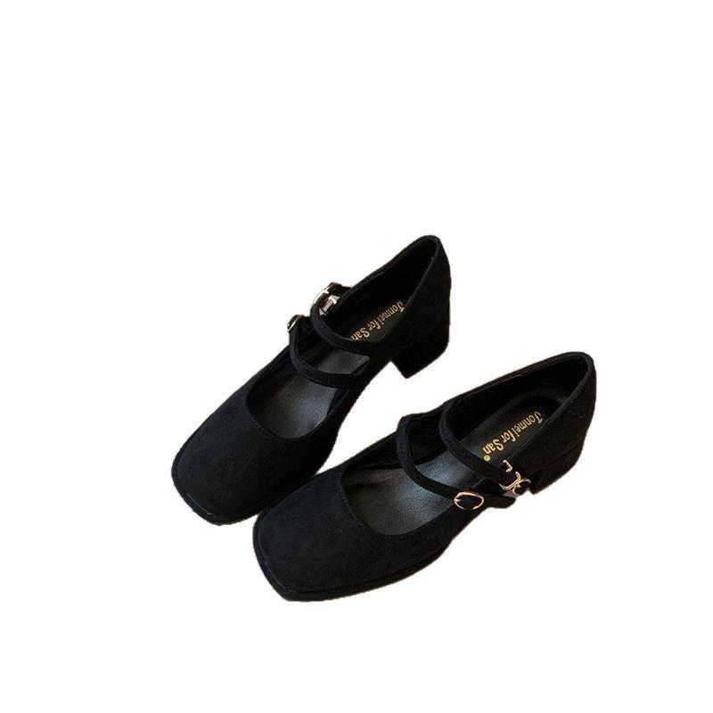 Thick heel square head Mary Jane shoes women's shoes spring and autumn 2025 new suede light mouth word with temperament versatile single shoes