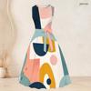 Women Plus Size Abstract Geometric Printed Two Piece Set Three Quarter Sleeve Open Front Cardigan Sleeveless Crew Neck Tie Waist Flared Dress