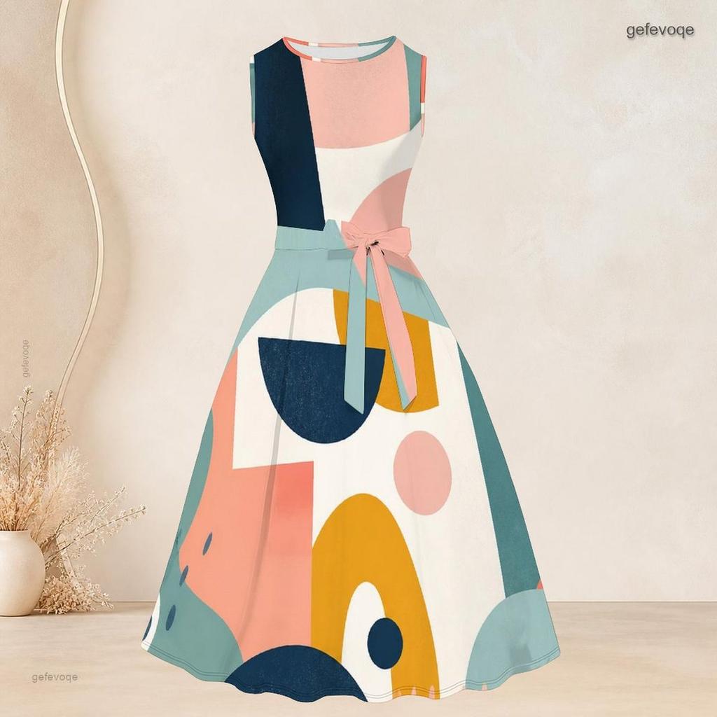 Women Plus Size Abstract Geometric Printed Two Piece Set Three Quarter Sleeve Open Front Cardigan Sleeveless Crew Neck Tie Waist Flared Dress