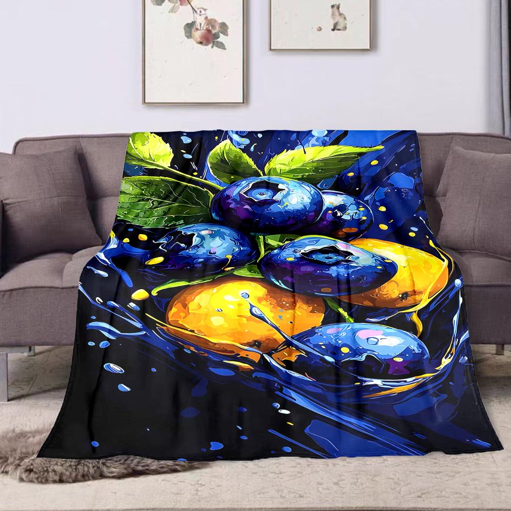 Blueberries and Oranges Splash Artwork Patterned Flannel Blanket Perfect for the Bedroom Living Room, Sofa, or a Little Nap